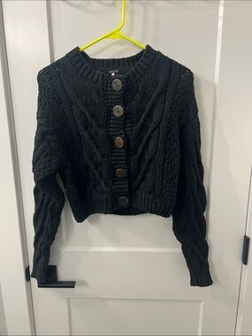 Free People Black Cropped Cable Knit Button-Front Cardigan